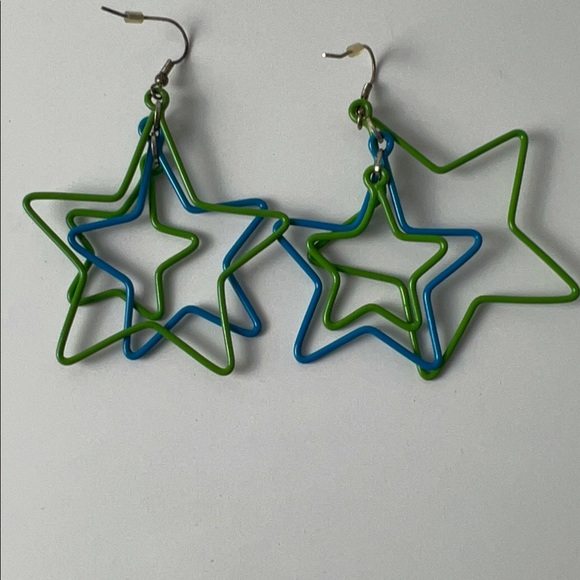 Blue Green Metal Star Pierced Earrings - Picture 11 of 16